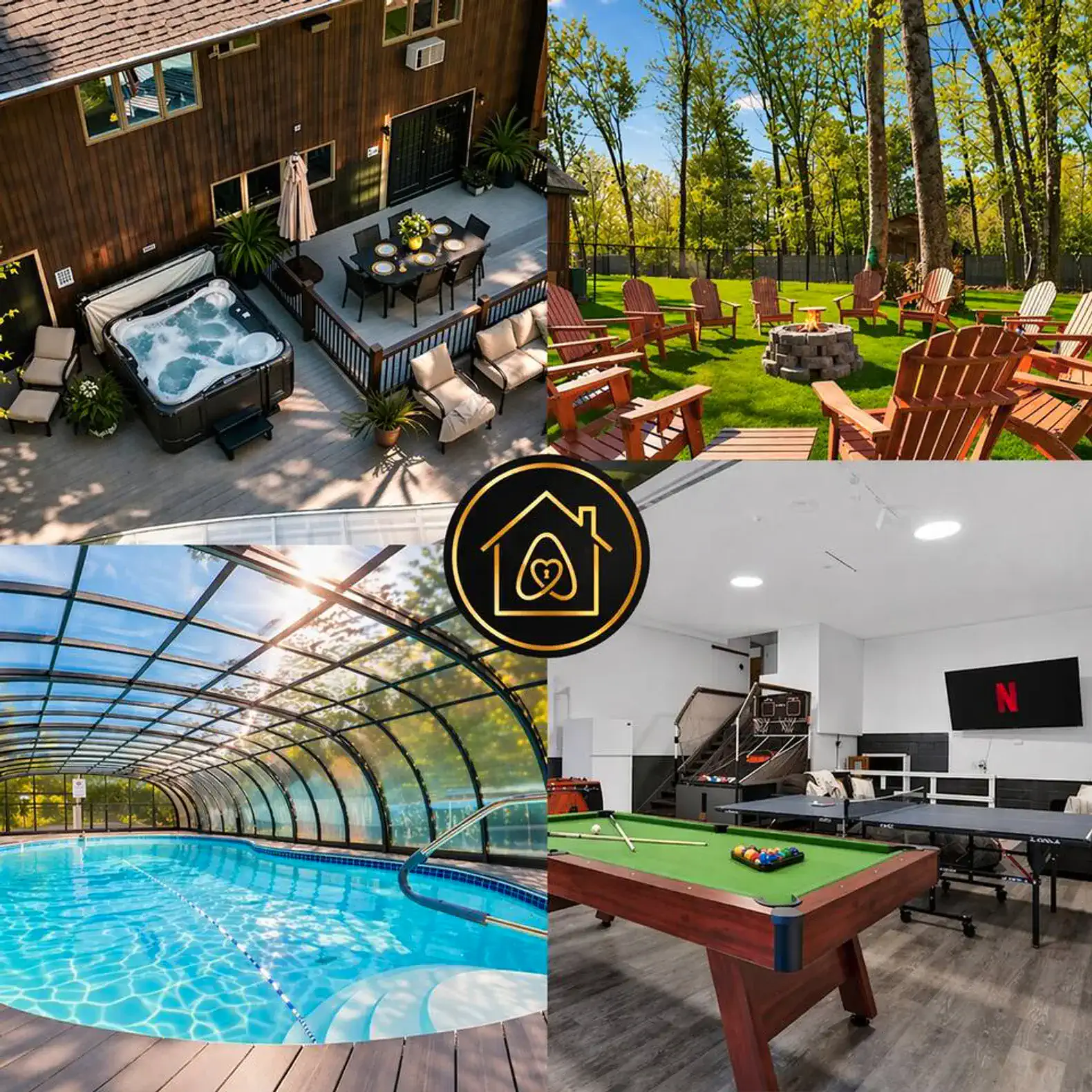 Outdoor hot tub and seating area surrounded by trees