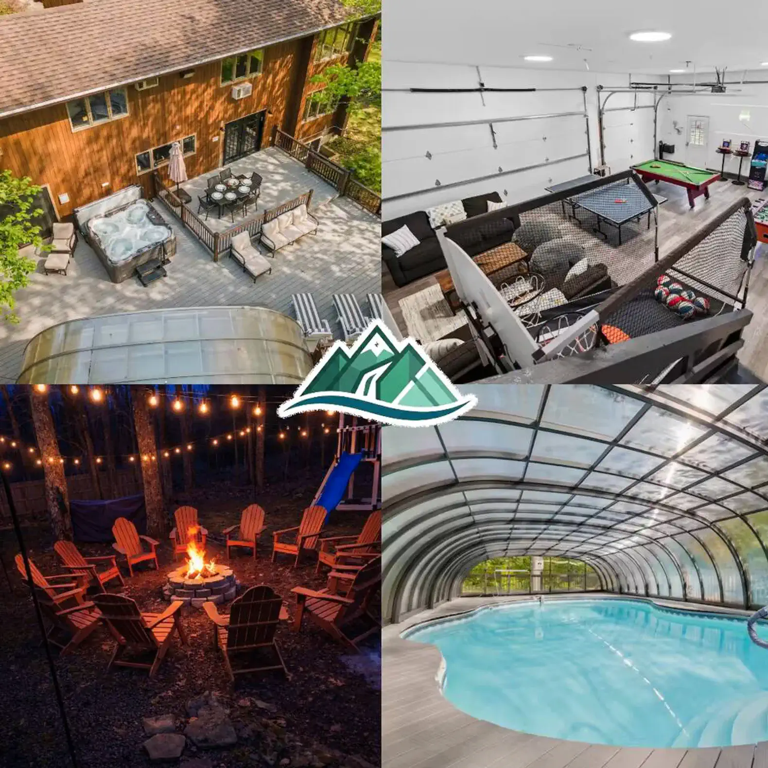 Outdoor seating area with hot tub and fire pit surrounded by trees
