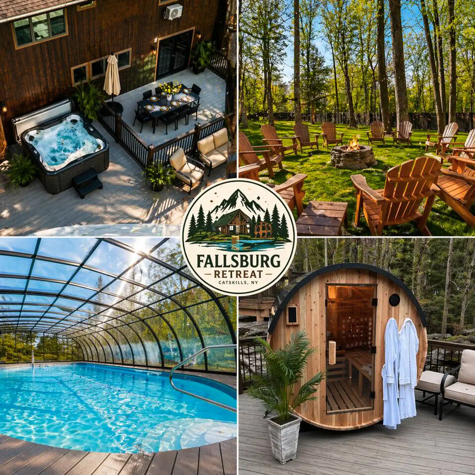 Outdoor hot tub surrounded by seating and greenery