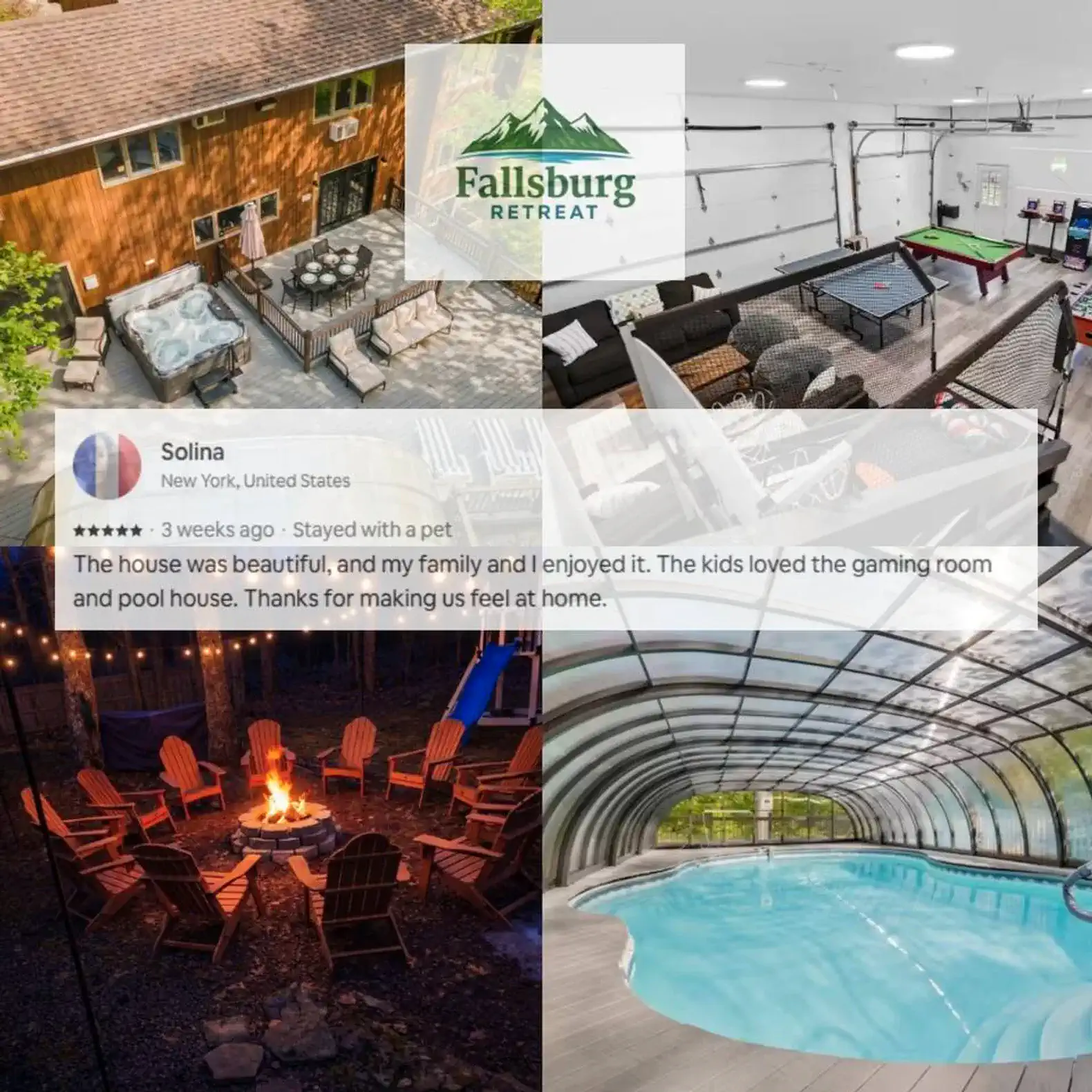 Outdoor seating area with fire pit and pool house, indoor game room with pool table, and indoor pool
