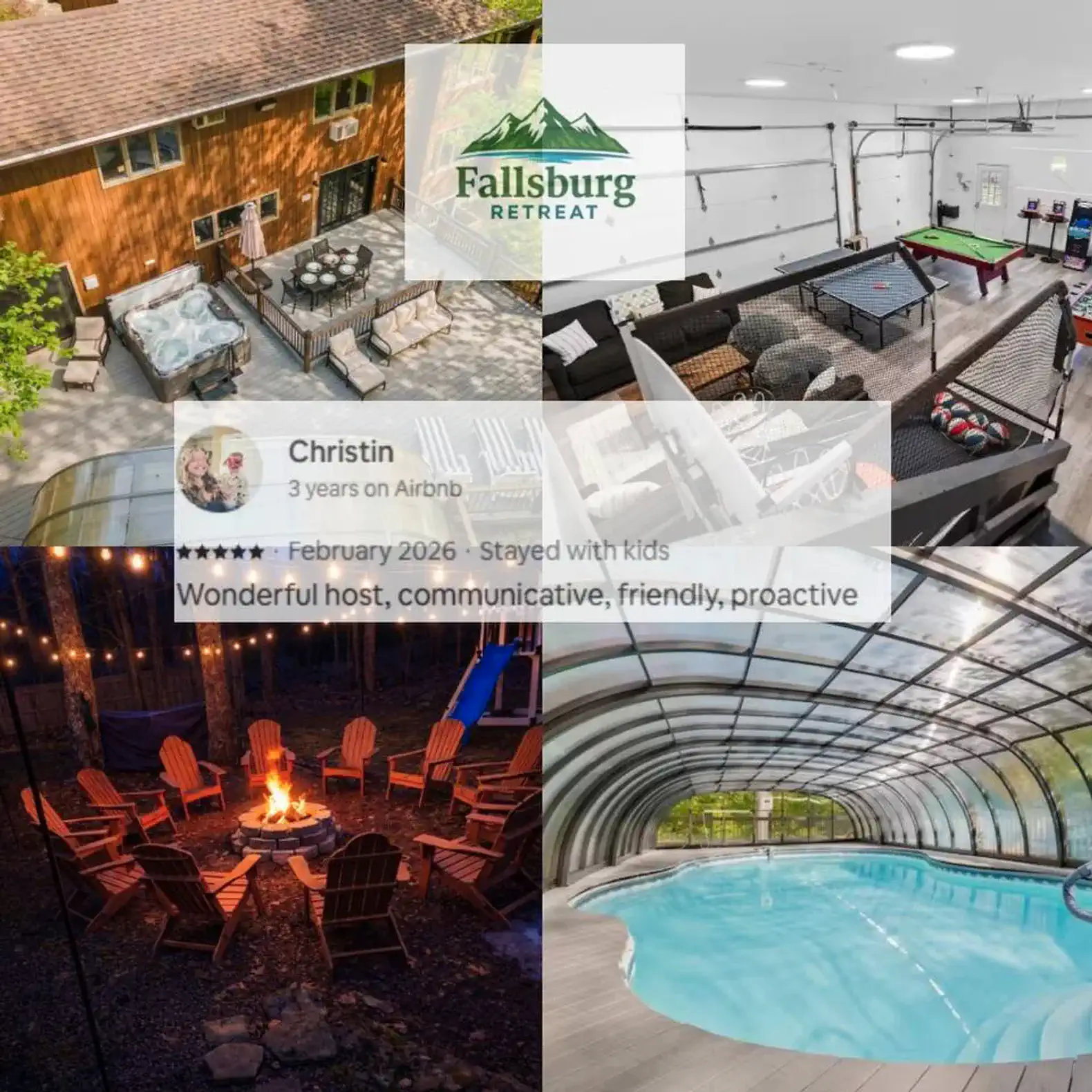 Indoor pool area with seating and game tables, outdoor fire pit surrounded by chairs