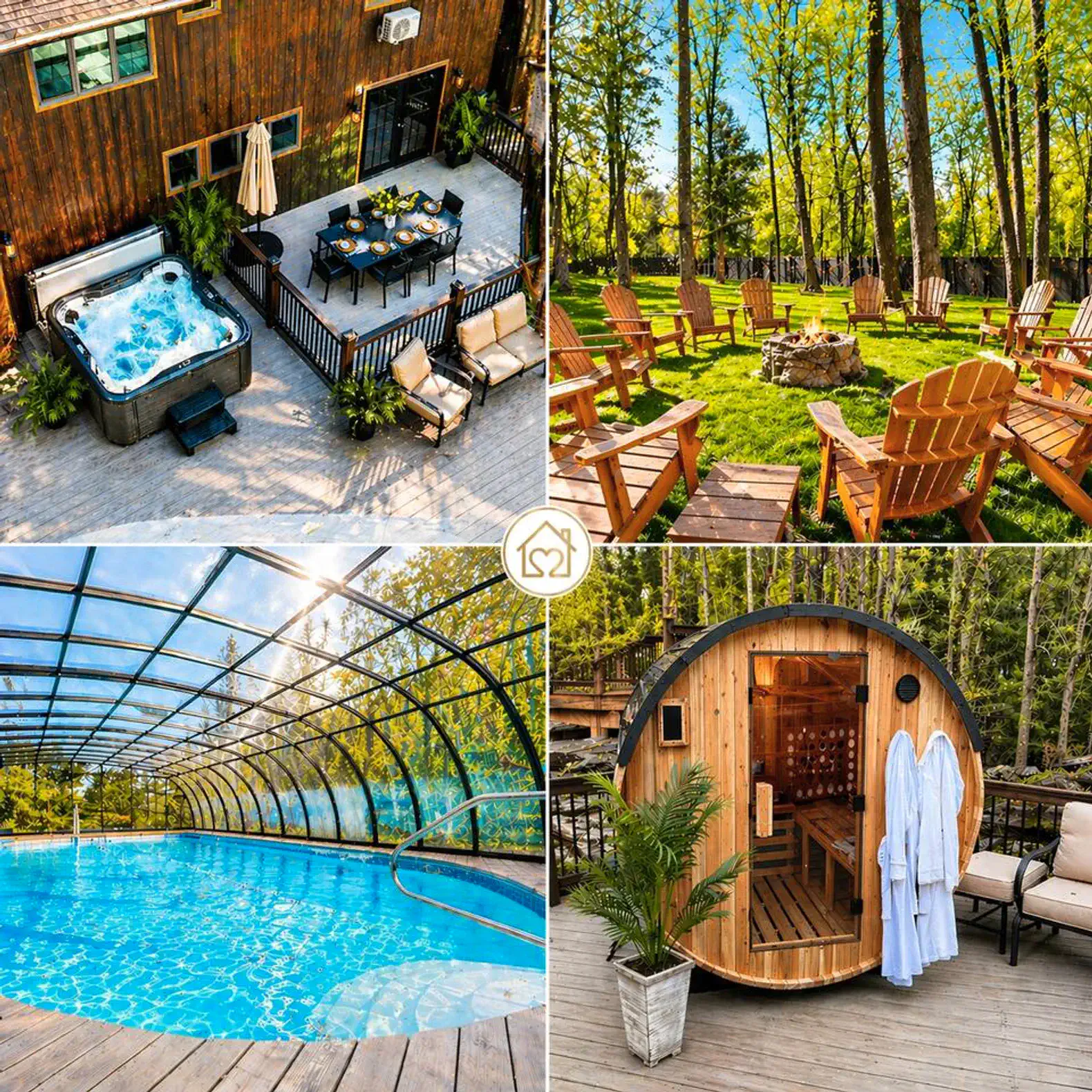 Outdoor hot tub and dining area surrounded by trees