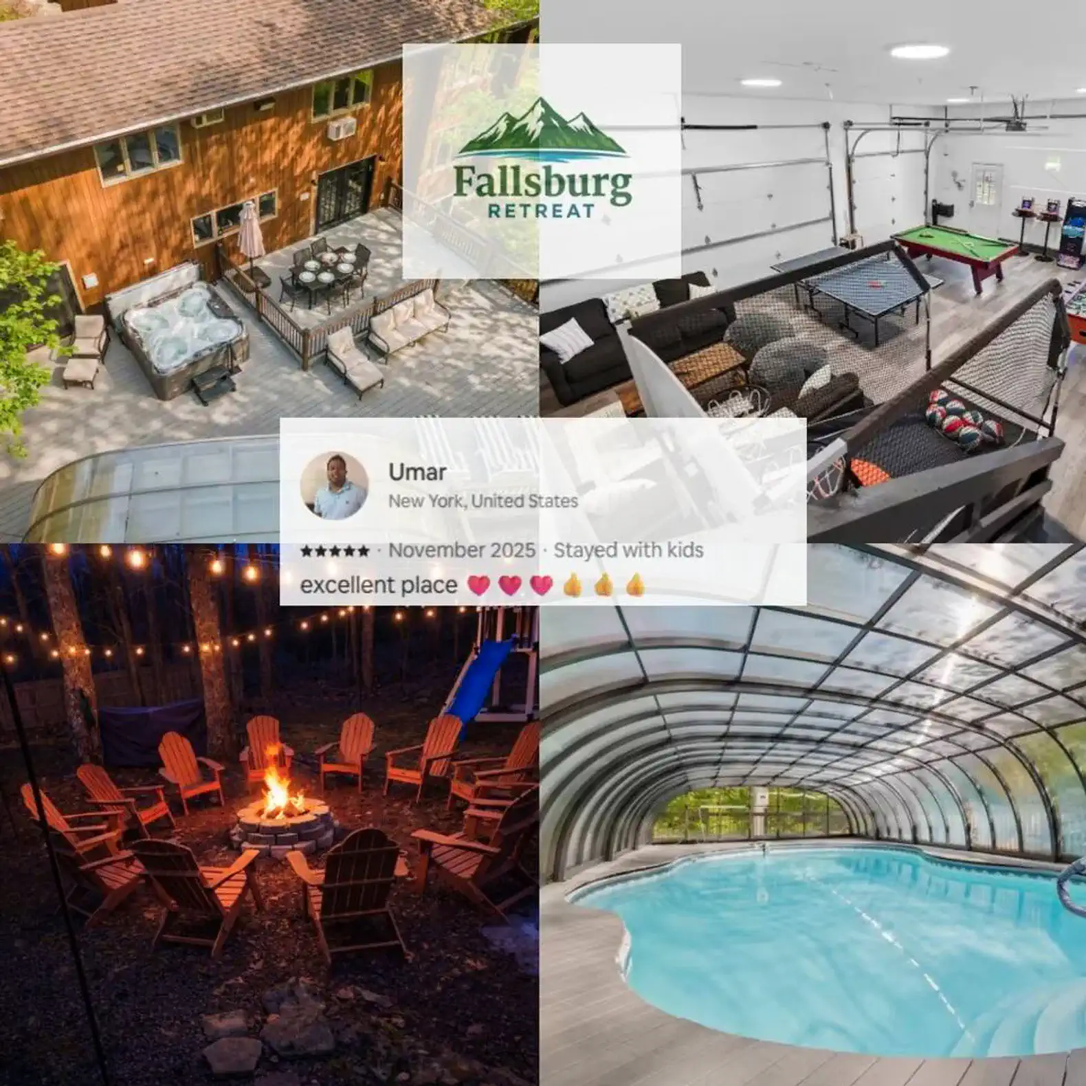 Outdoor seating area with fire pit and chairs, indoor pool with cover, game room with pool table, and cozy living space
