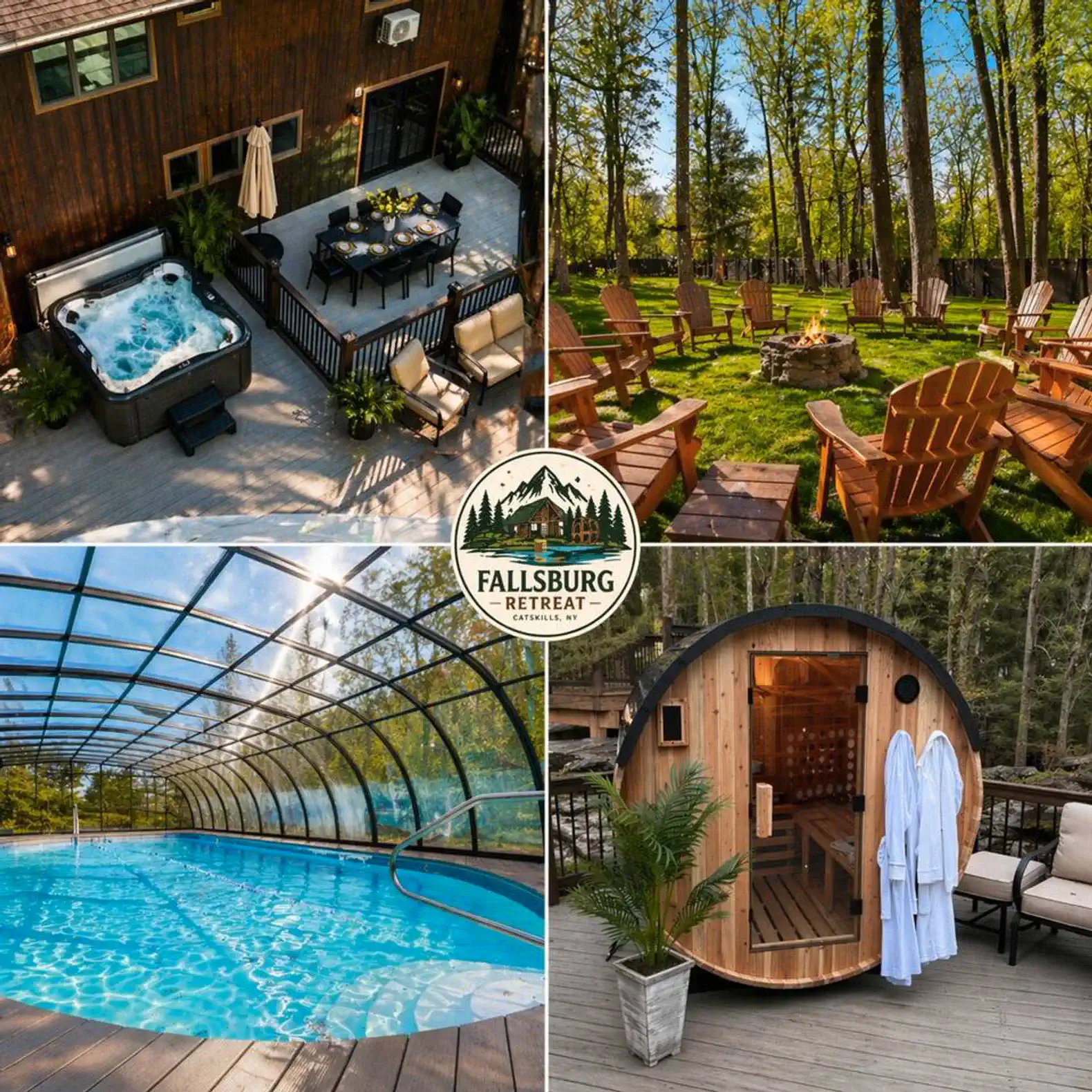 Outdoor seating area with fire pit and hot tub surrounded by trees