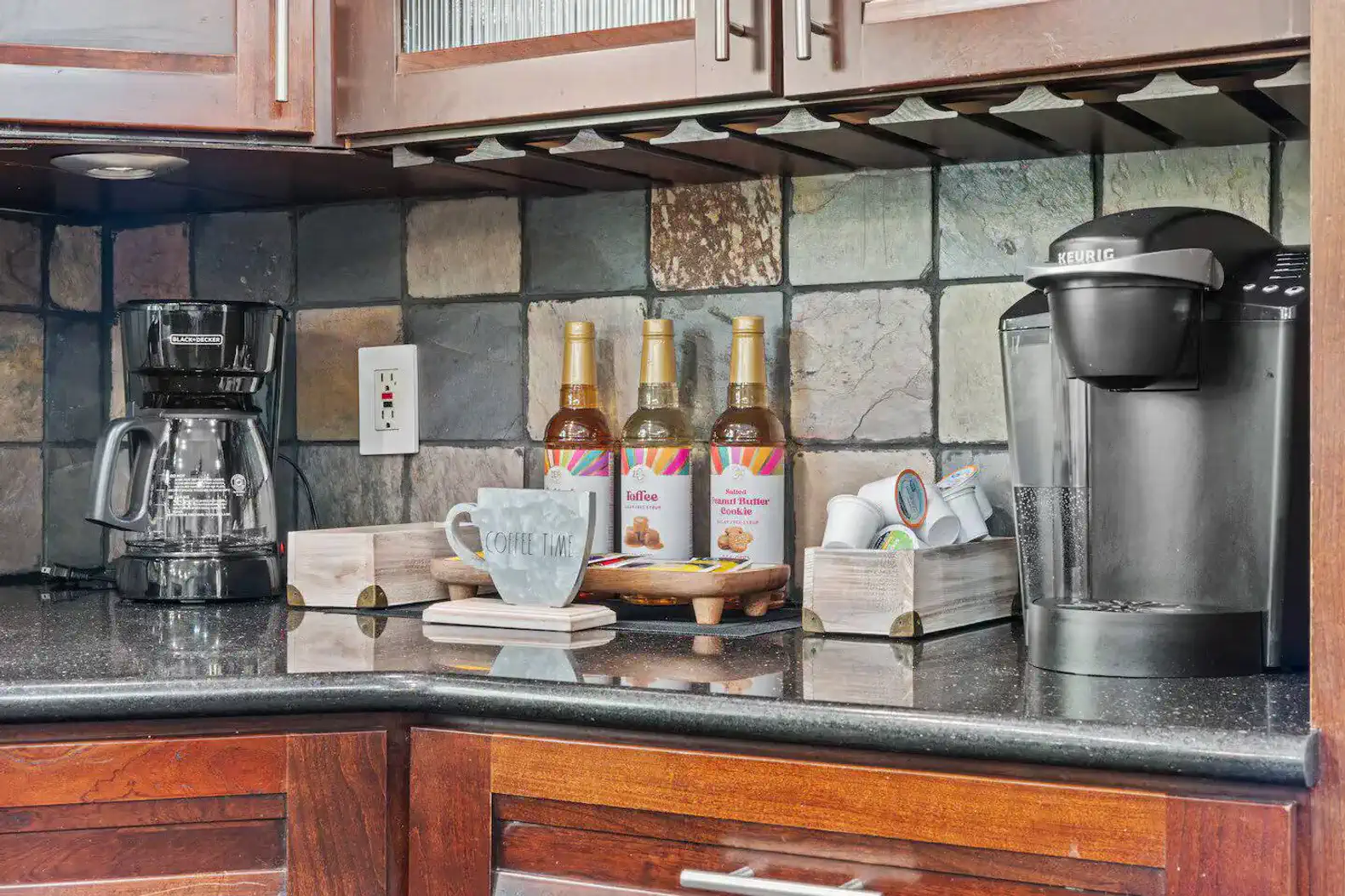 Fully stocked coffee and beverage station with everything you need to start your mornings right