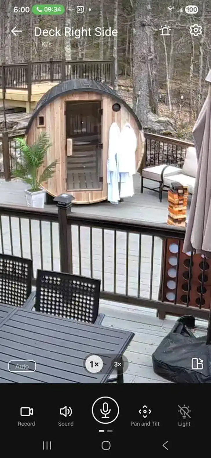 Sauna on the deck with seating and outdoor furniture