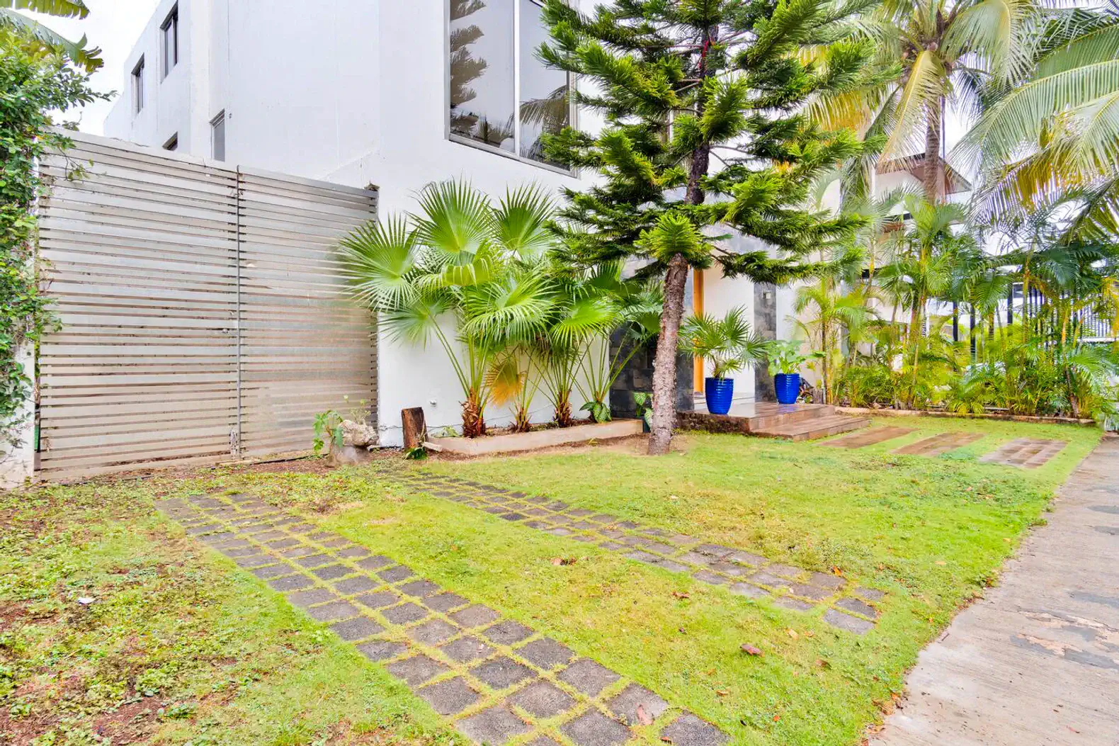 Jardín exterior con césped verde y plantas tropicales