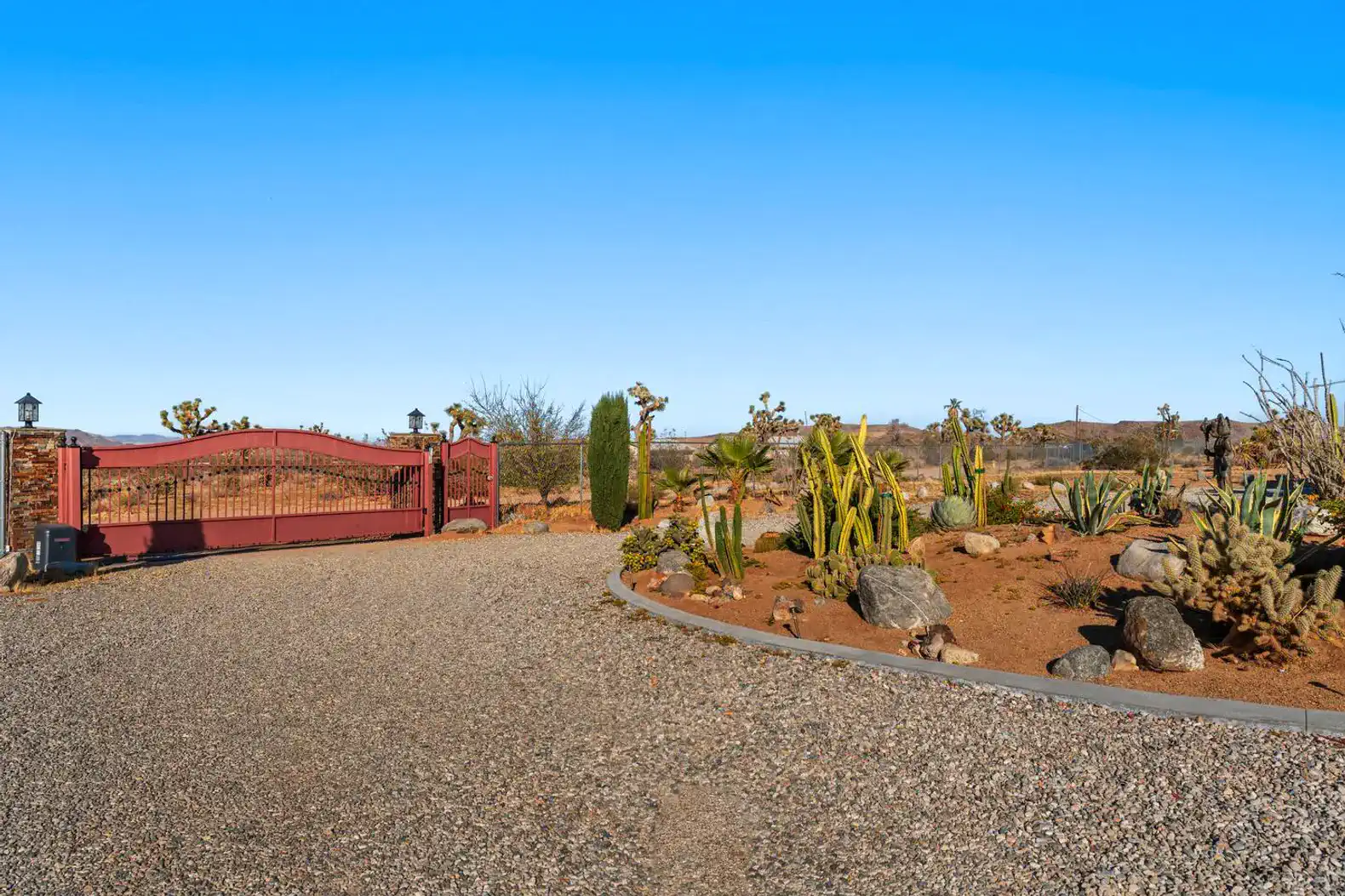 Entrance with a decorative gate surrounded by desert landscaping and cacti