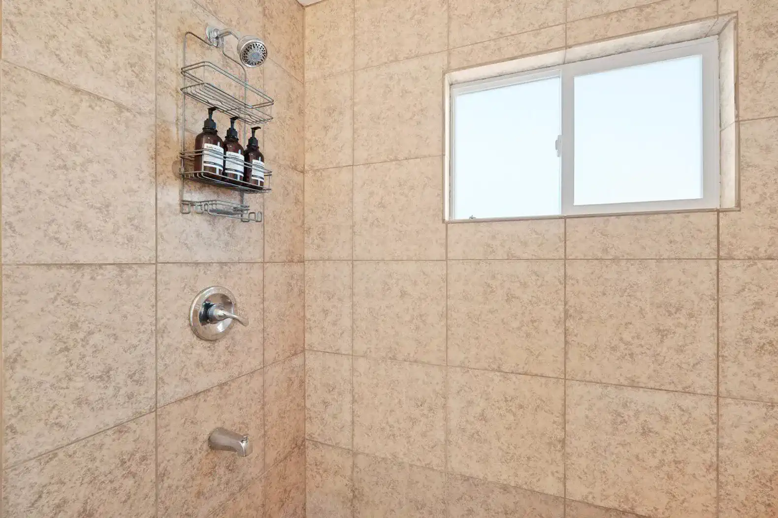 Spacious shower with modern fixtures and natural light from a window