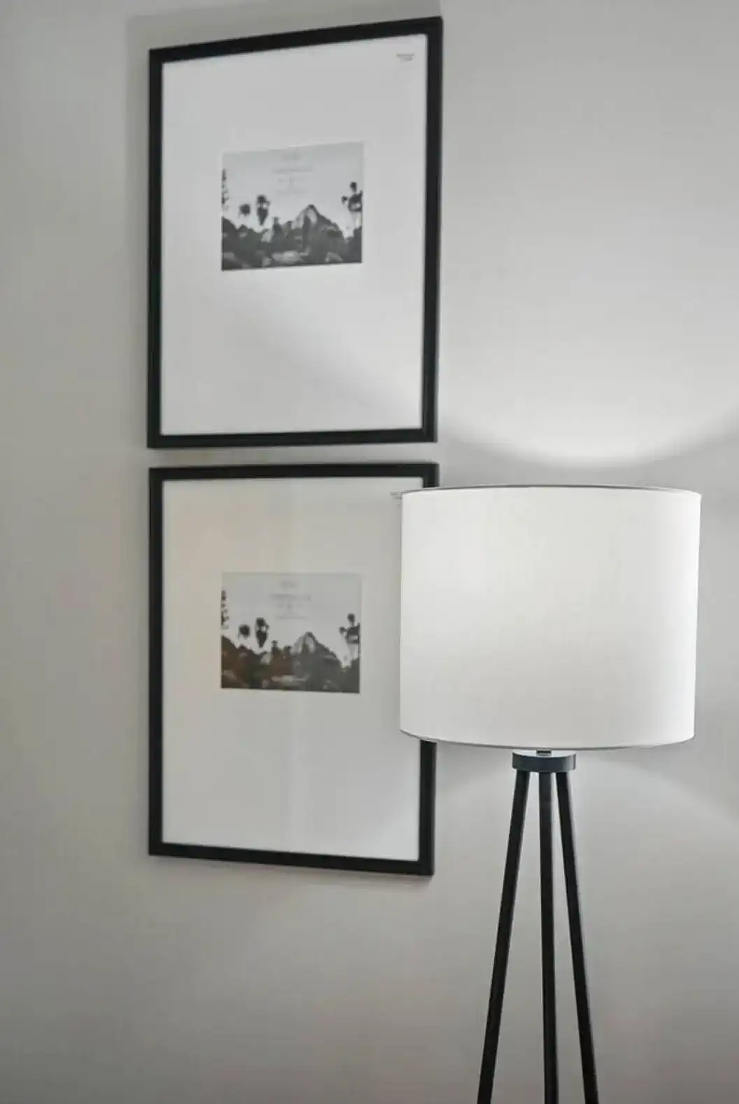 Modern floor lamp with minimalist black-and-white art adds a sleek, sophisticated touch to your living space.