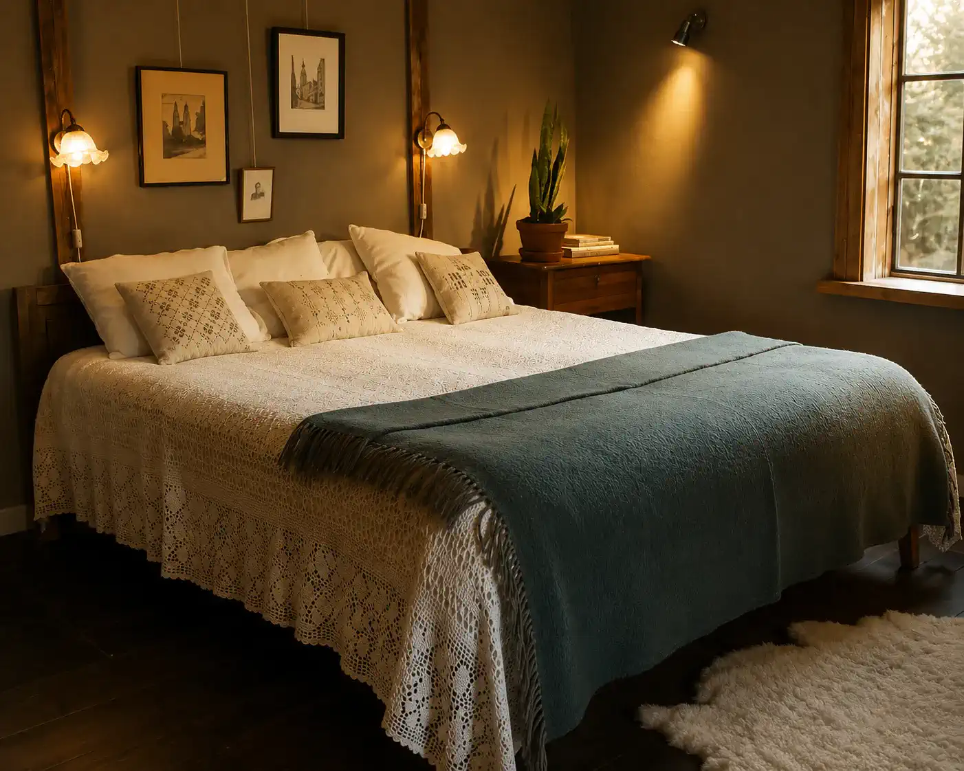Cozy master bedroom with a large bed, decorative pillows, and warm lighting
