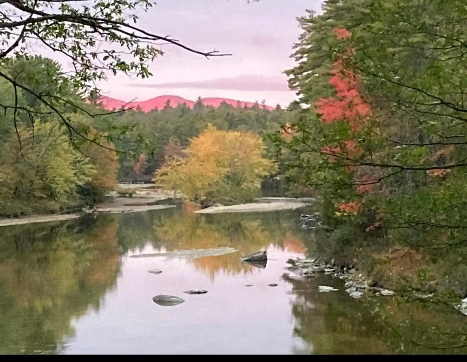 Scenic view of a river surrounded by colorful autumn foliage