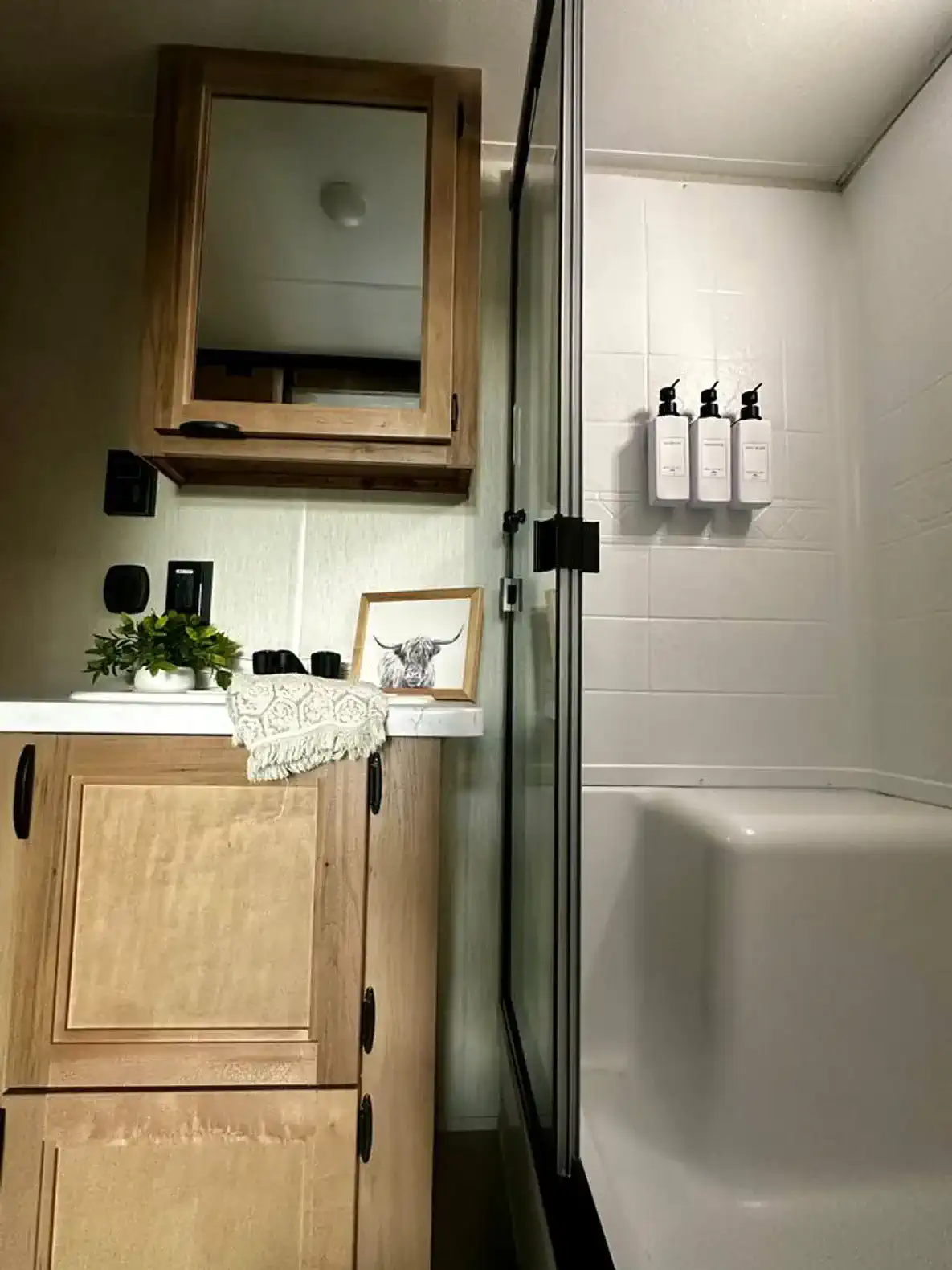 Cozy bathroom with wooden cabinetry and modern shower fixtures