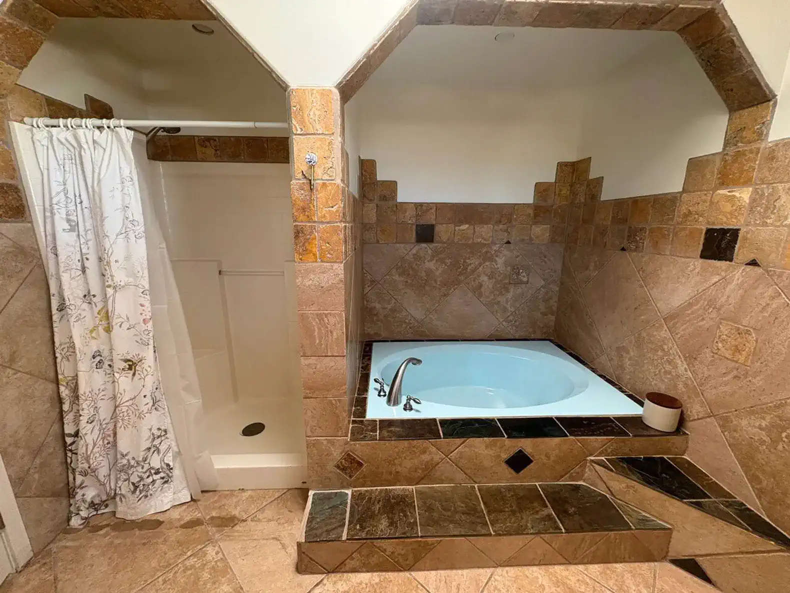 Luxurious bathroom featuring a jetted tub and tiled shower area
