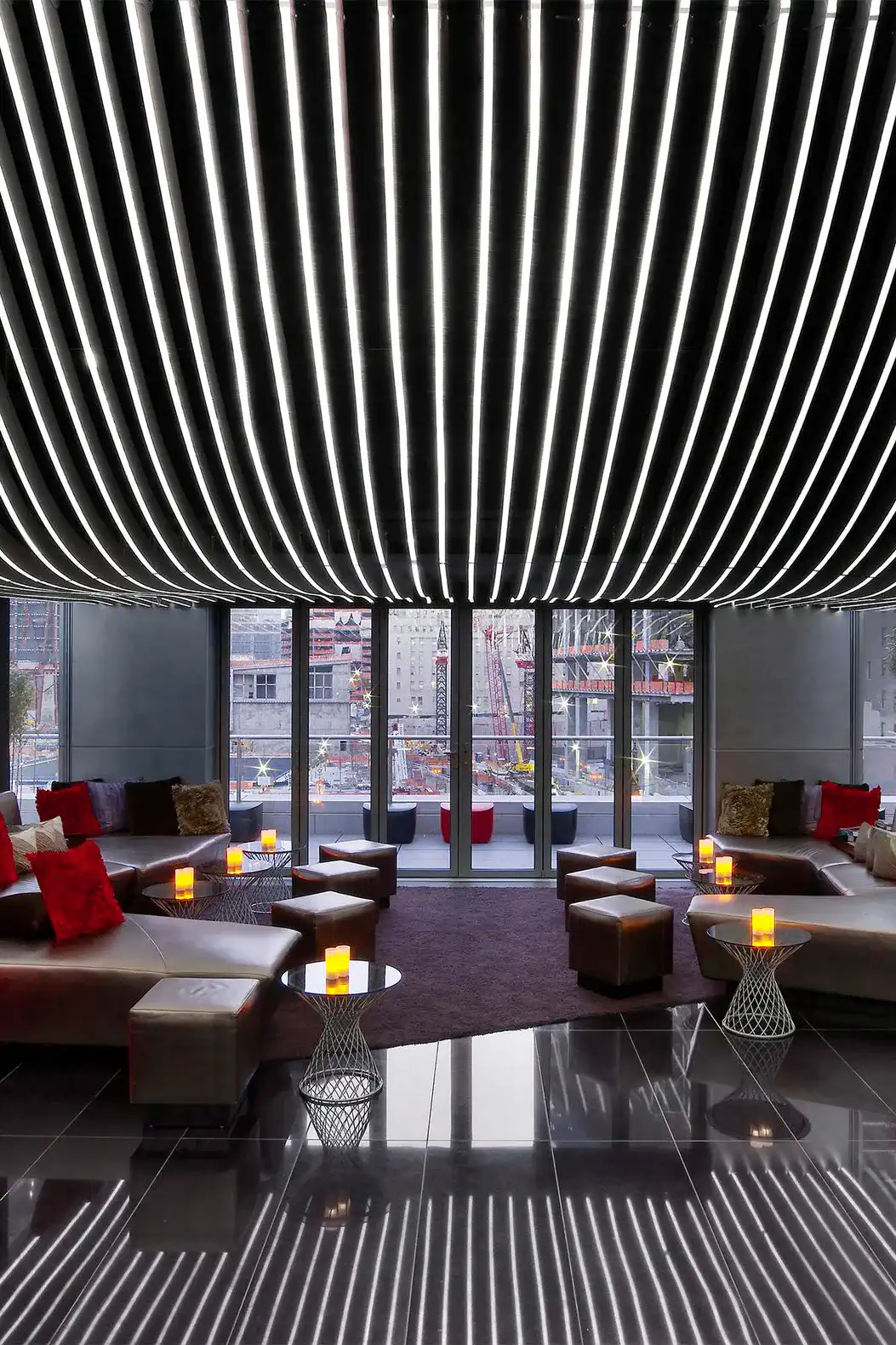 Stylish lounge area with modern seating and unique lighting design