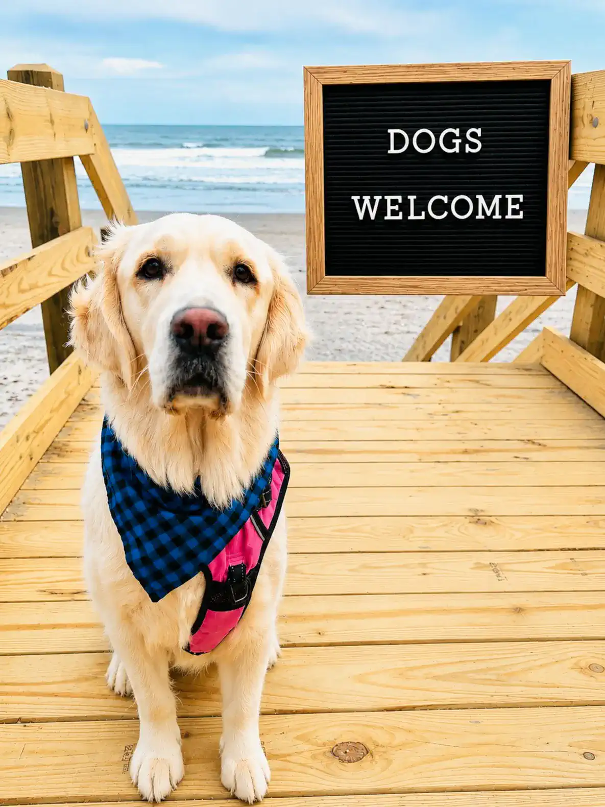 Golden retriever wearing a bandana on a wooden deck with a beach view