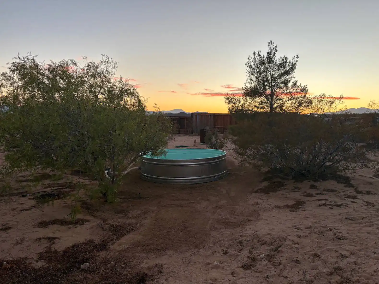A metal water tank surrounded by desert vegetation at sunset
