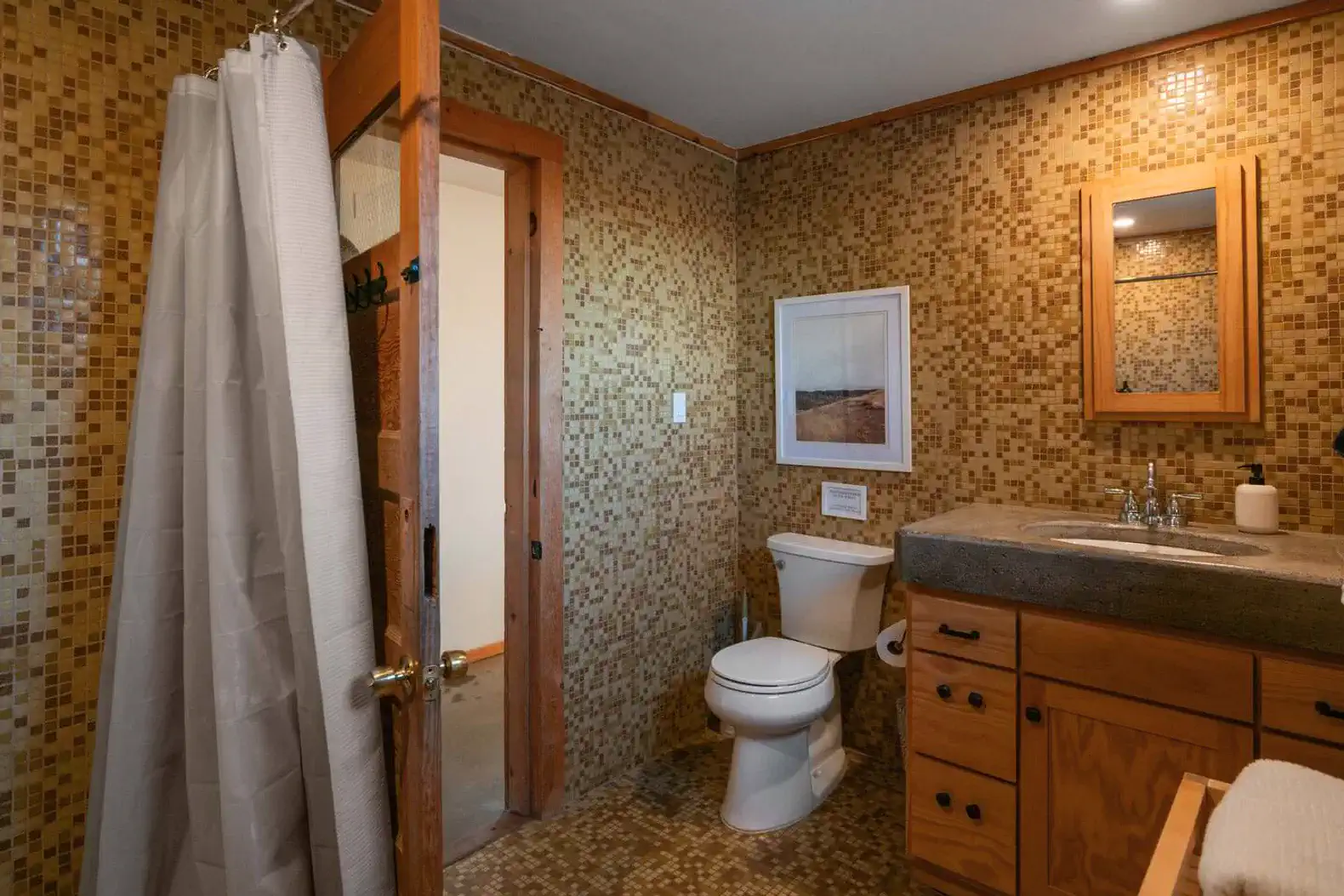 Cozy bathroom featuring mosaic tile walls, a shower curtain, and wooden cabinetry