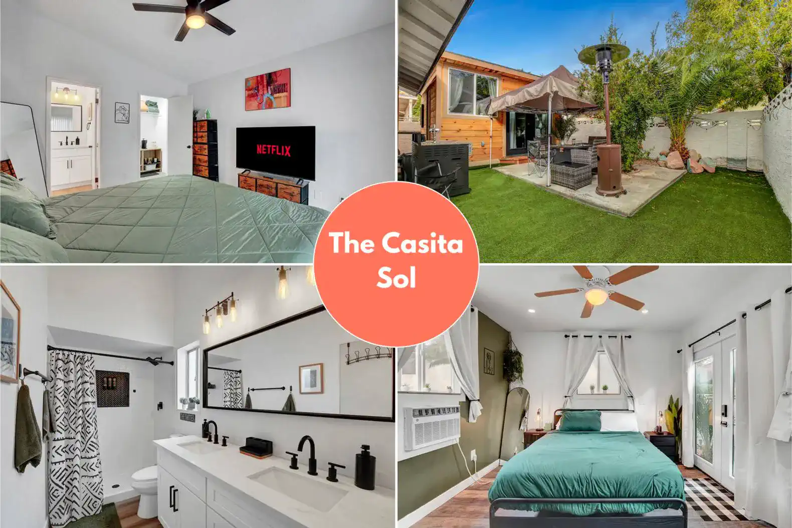 Cozy master bedroom with a large bed and TV, outdoor patio with seating and greenery, modern bathroom with double sinks, and 