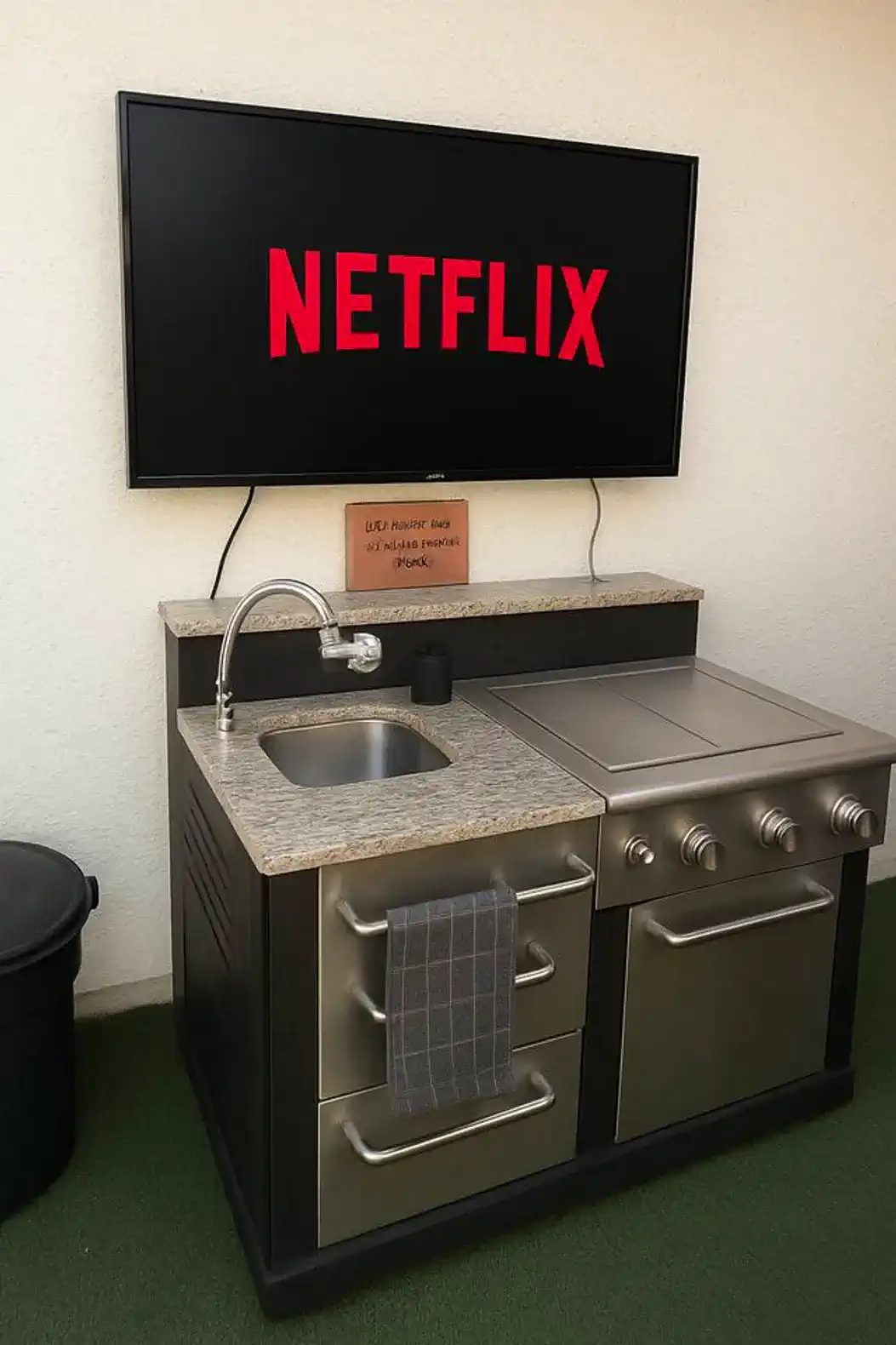 Outdoor kitchen area with grill and sink, featuring a large TV displaying Netflix