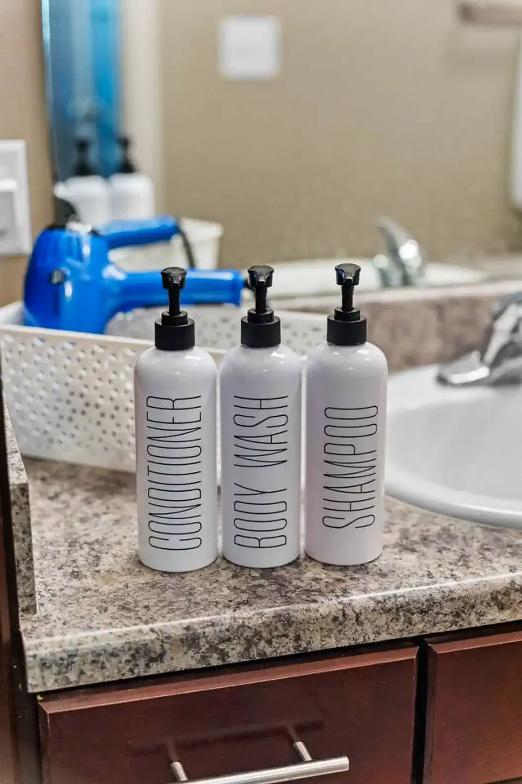 Body wash, shampoo, conditioner, a hair dryer and more are provided!