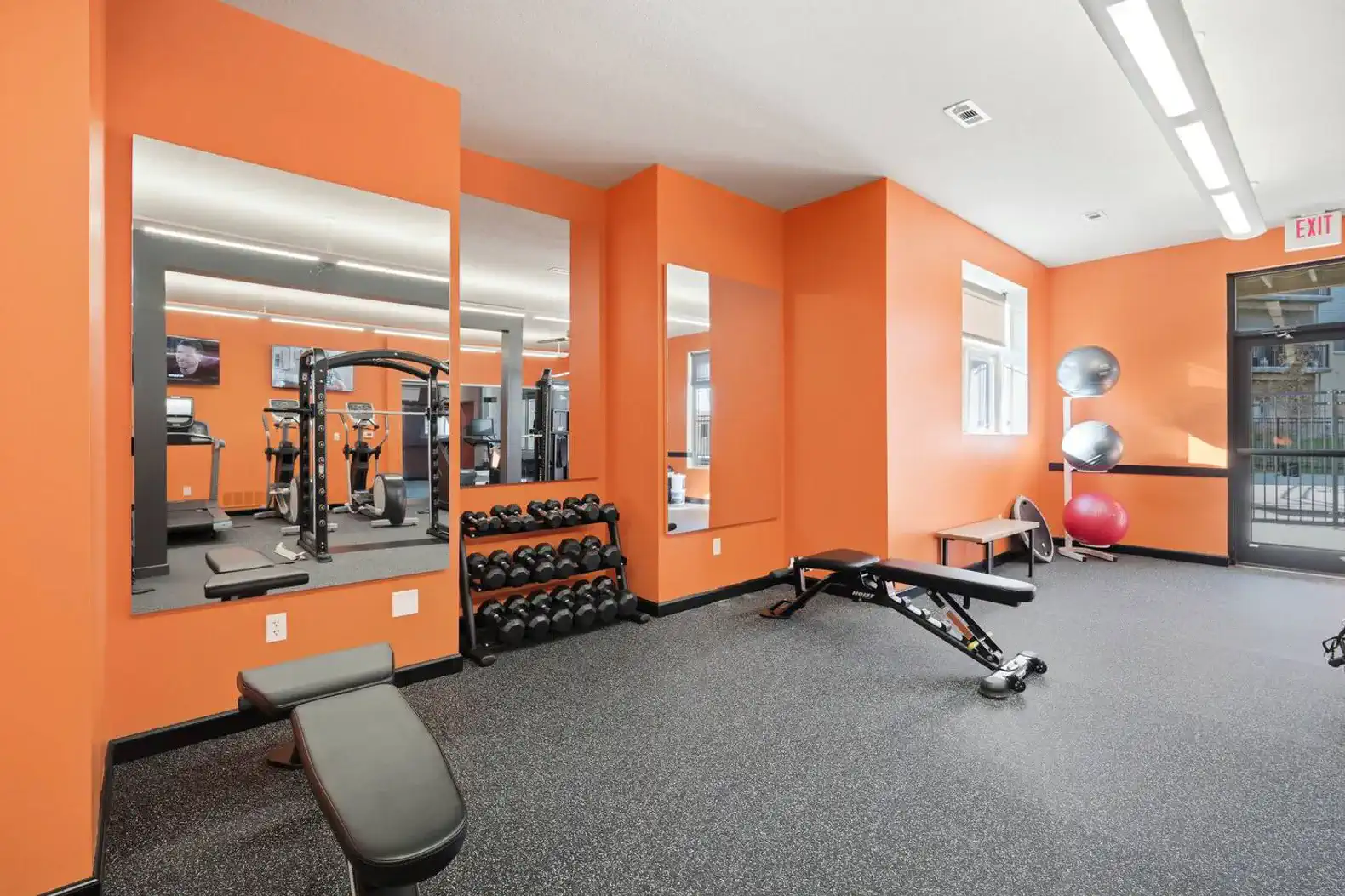 Bright, well-equipped fitness center with free weights, benches, and cardio machines—perfect for getting completing your workout!