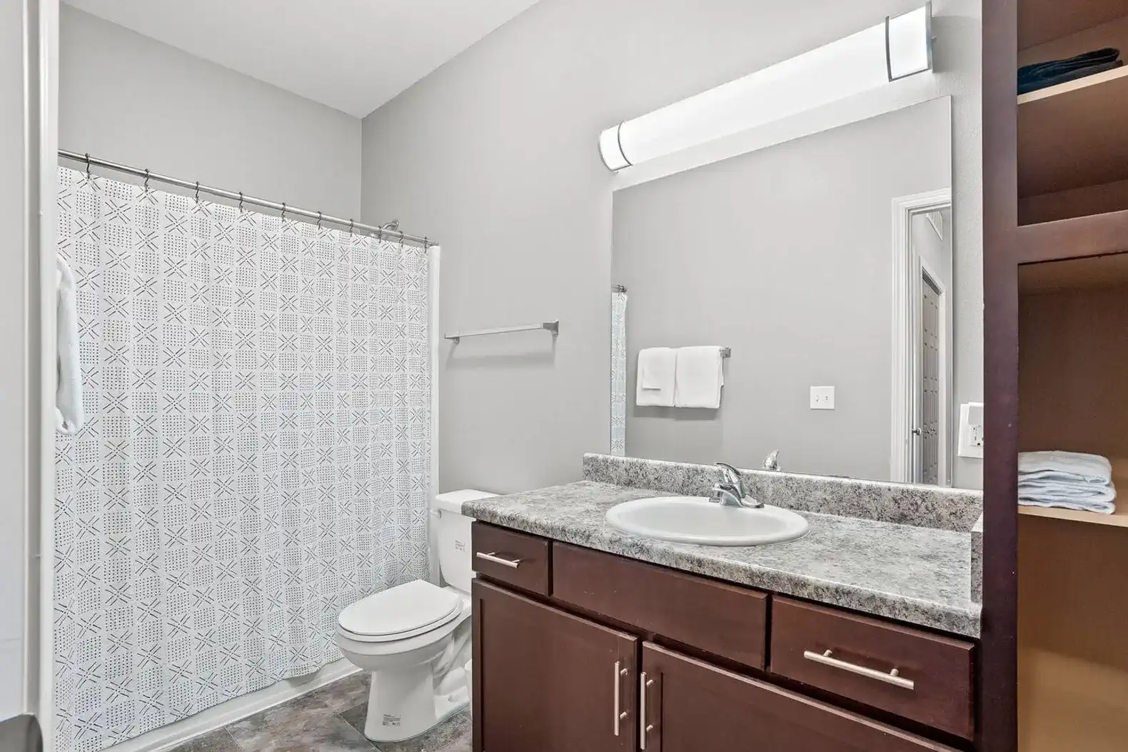The bathroom is complete with shampoo, body wash, conditoner, hair dryer, make-up removal towels, pool towels and more.