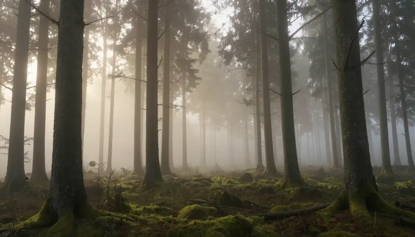 Misty forest with tall trees and lush green moss covering the ground