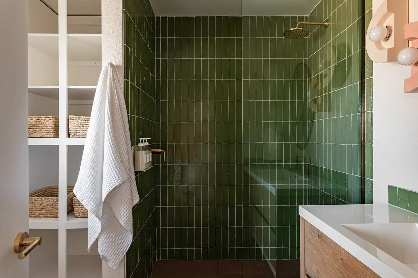 Modern bathroom with green tiled shower and wooden vanity