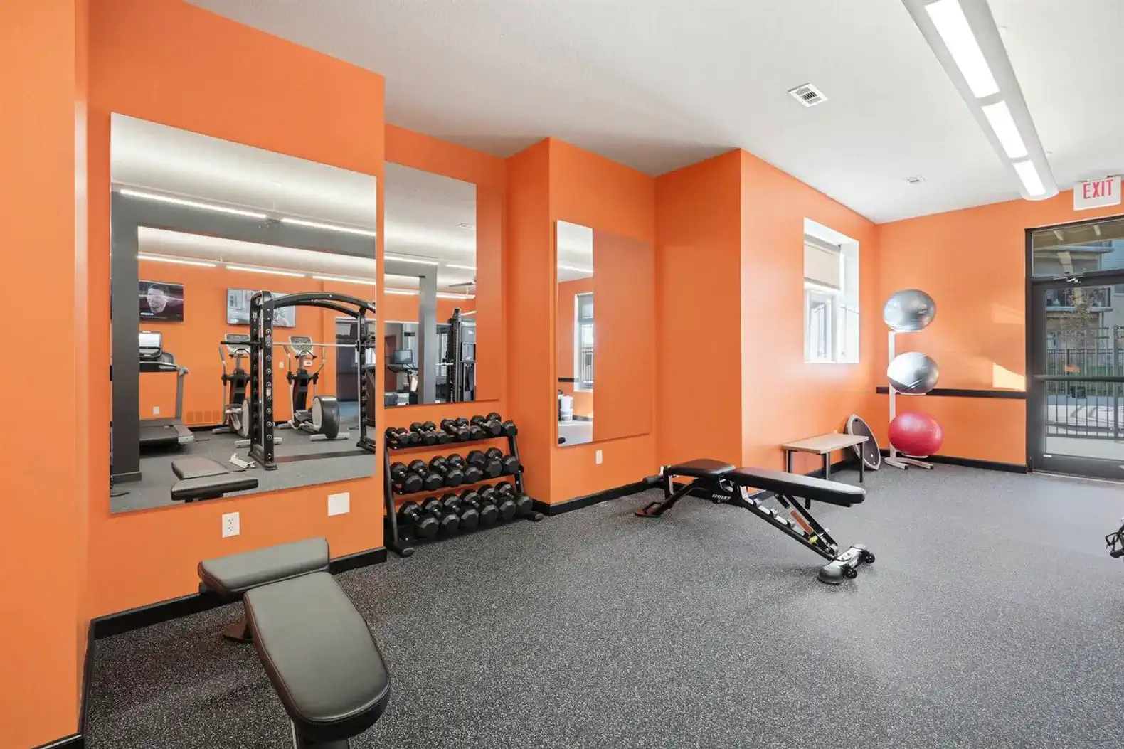Bright, well-equipped fitness center with free weights, benches, and cardio machines—perfect for getting completing your workout!