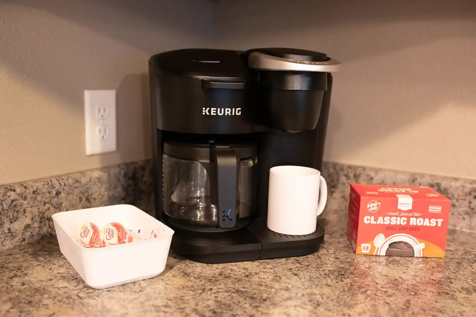 Start your mornings right with a dual-brew Keurig—single-serve or full pot. Complimentary coffee pods, mugs, and everything you need for an easy, no-stress caffeine fix before heading out or settling in.