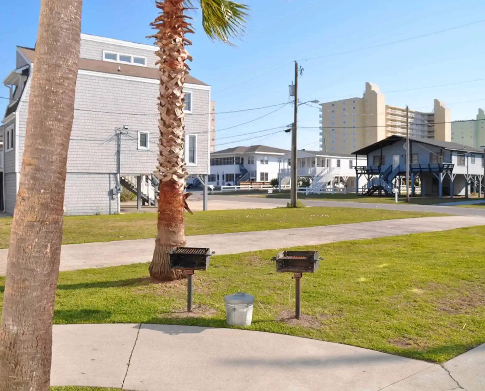 Two Charcoal grills are available in front of the property.  Guests are responsible for cleaning and supplies of the grills.