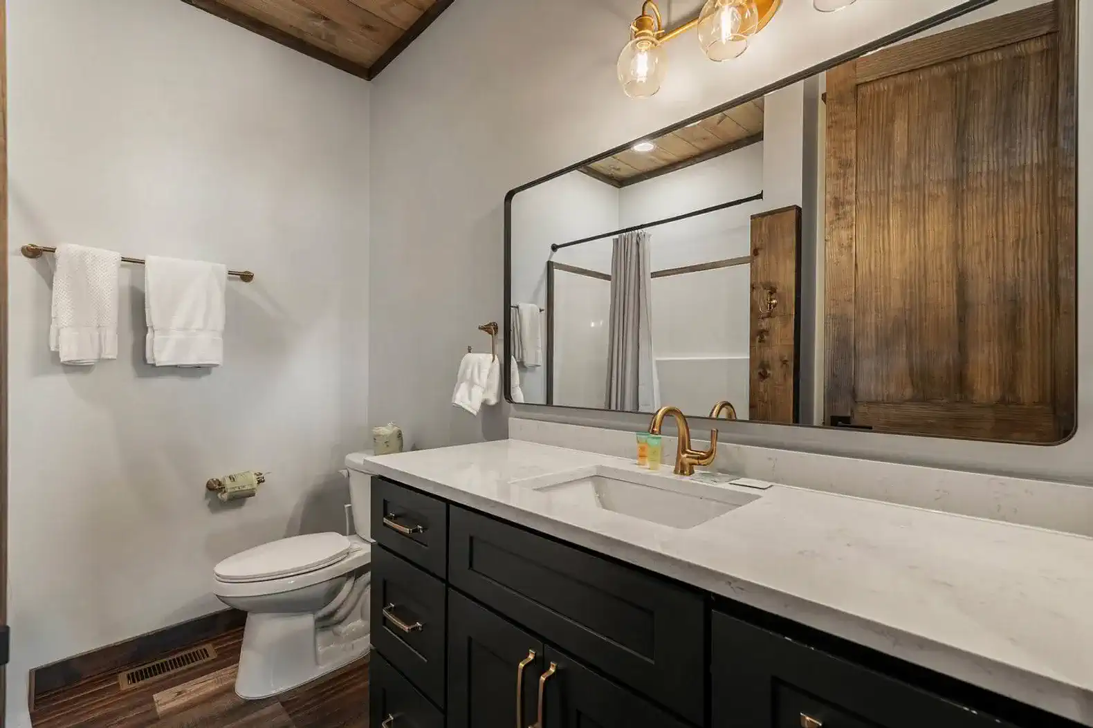 Modern bathroom featuring a double sink vanity and stylish fixtures