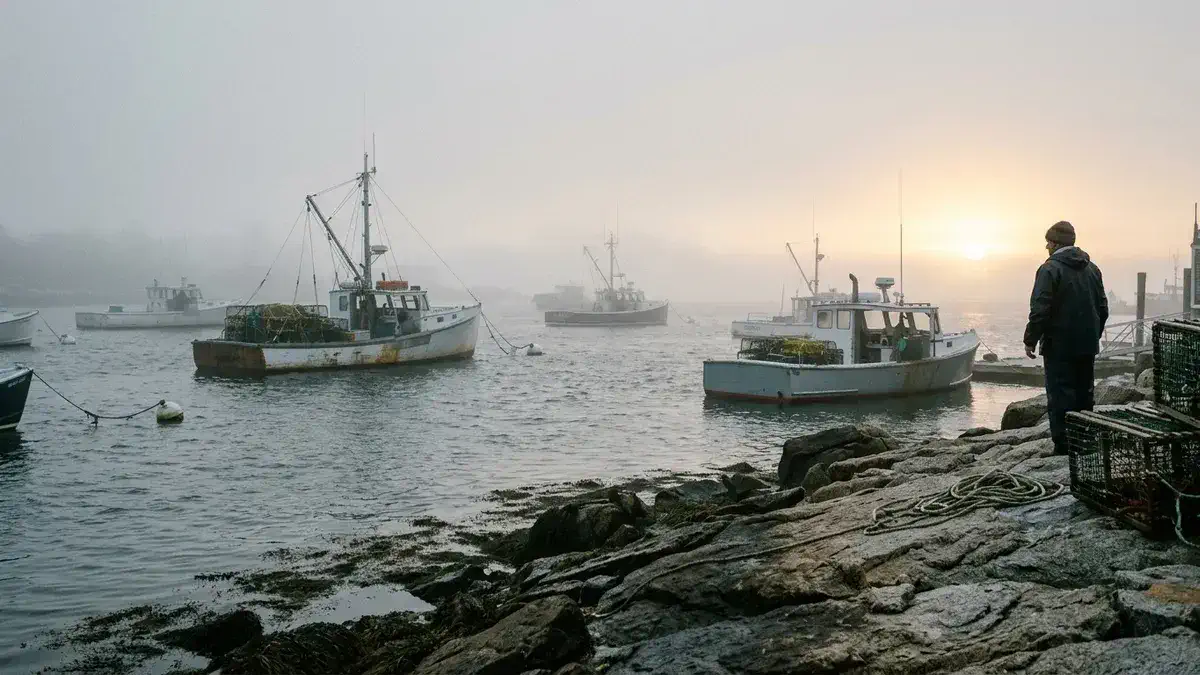 Gloucester weather fog and sea breeze over a Cape Ann harbor