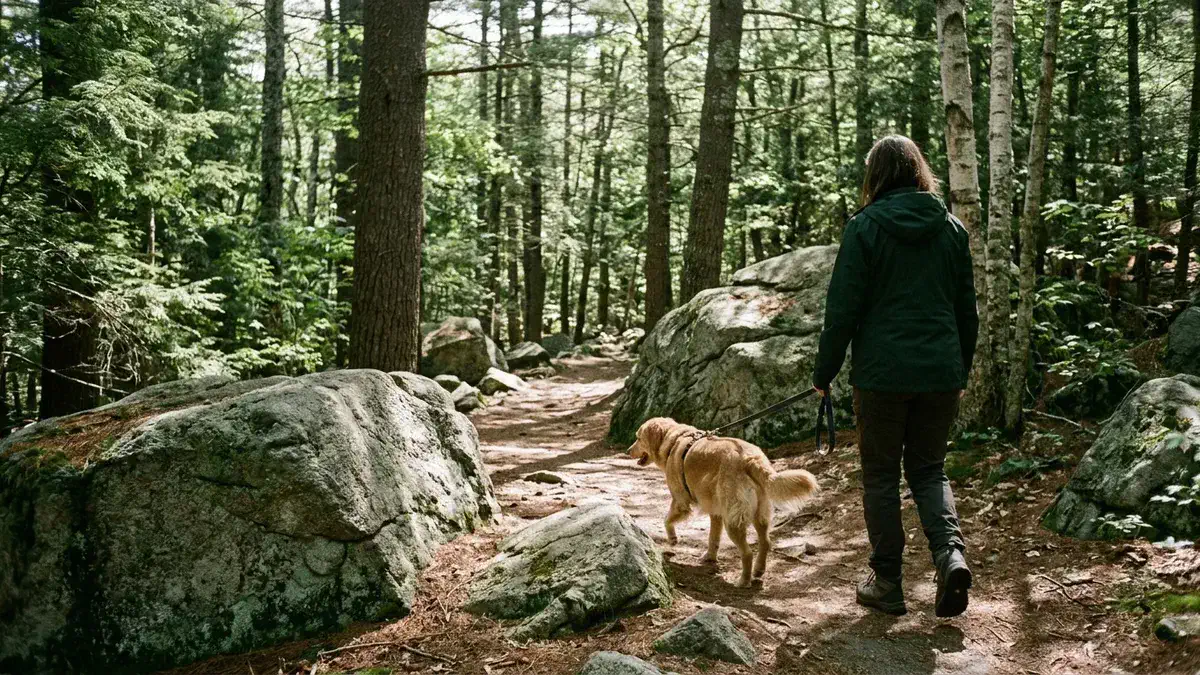 Shaded trail walk with a dog as an alternative when Gloucester beaches restrict dogs in summer