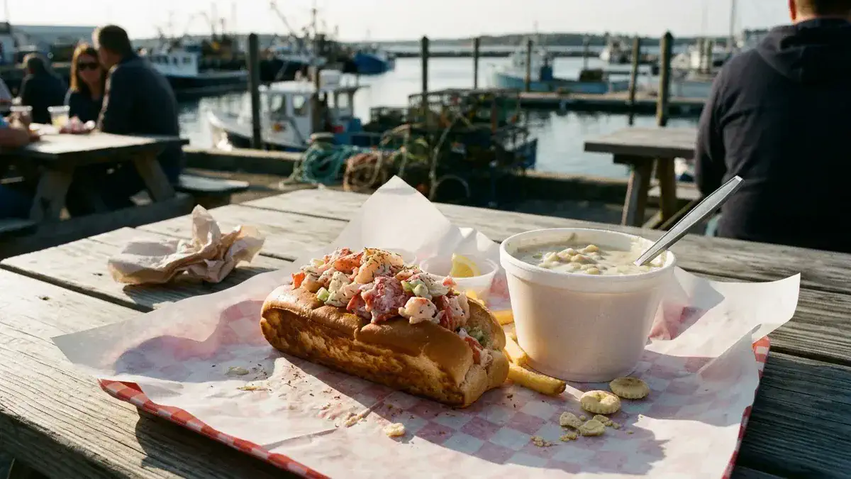 Lobster roll in a toasted split-top bun, a staple of the best seafood Gloucester restaurants serve