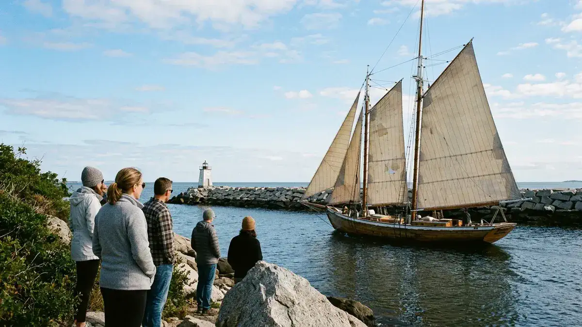 Schooner under sail off Gloucester, a harbor outing among the best day trips from Gloucester