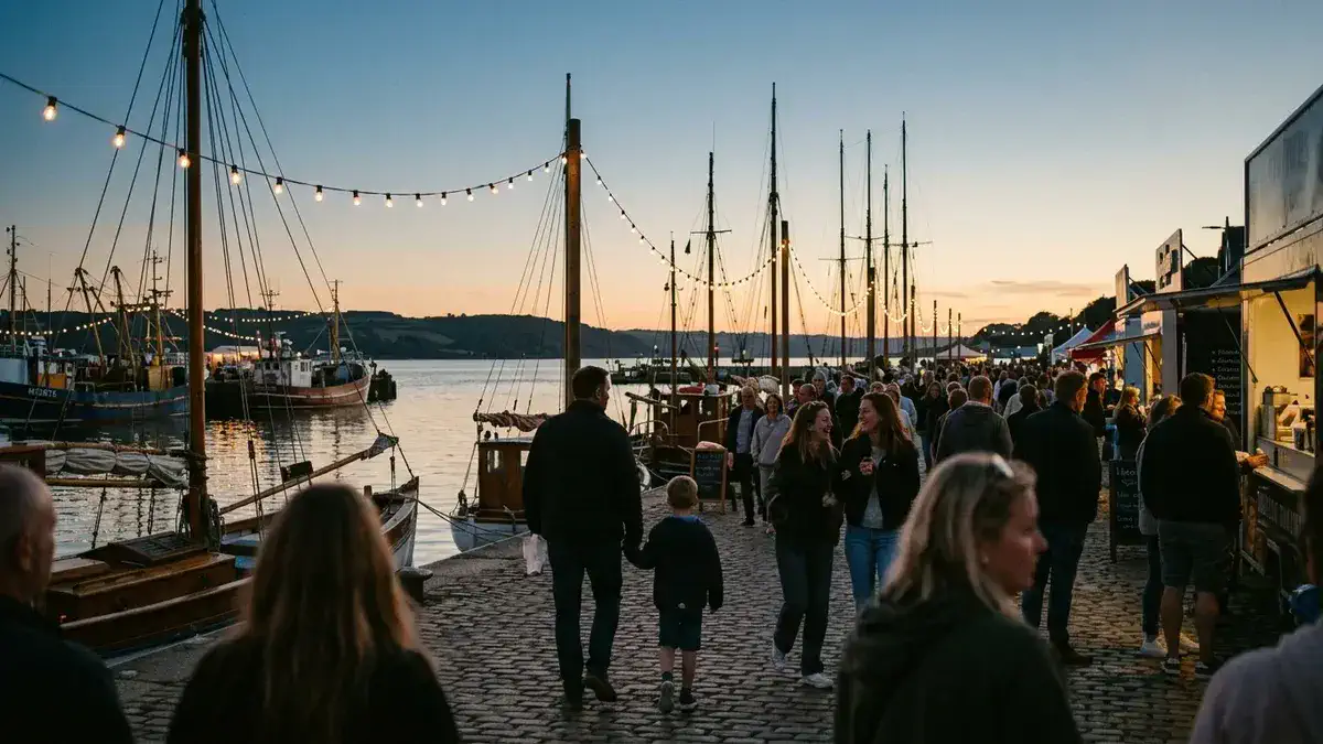 Gloucester festivals along the harbor on a summer evening