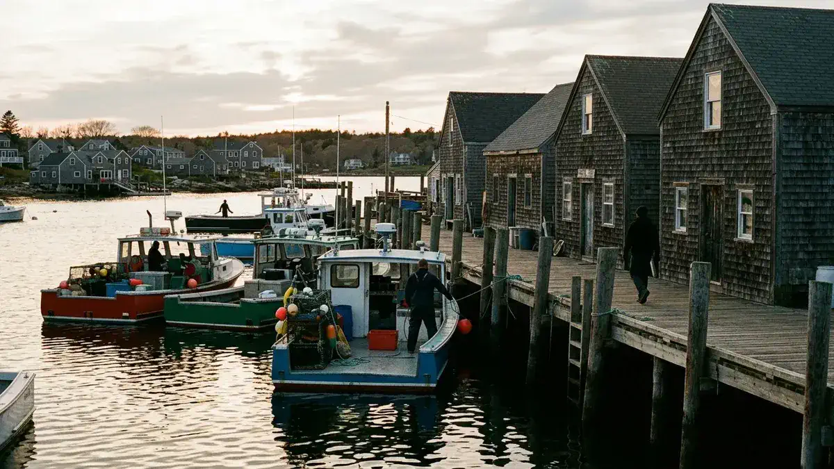 Gloucester harbor at golden hour, the view many Cape Ann groups leave behind for a winter vacation rental
