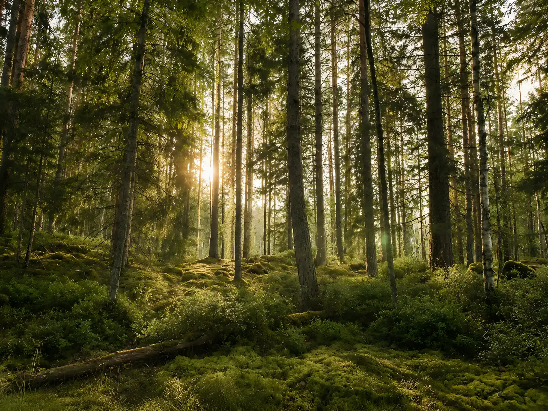Forêt verdoyante avec de grands arbres et la lumière du soleil filtrant à travers le feuillage.