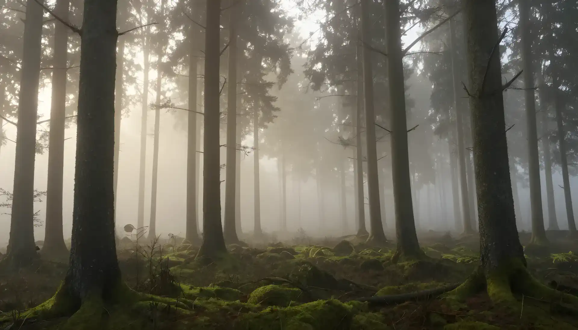 Nebliger Wald mit hohen Bäumen und üppigem grünen Moos, das den Boden bedeckt