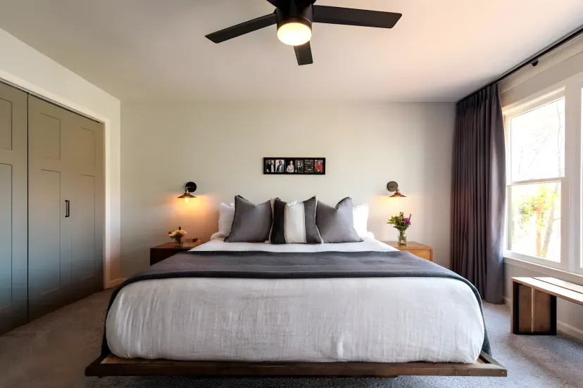 Third king bedroom at the Hygge House offers cozy sleep and peaceful cabin vibes — ideal for additional guests at this 8-person lakefront retreat in Gainesville, GA on Lake Lanier.